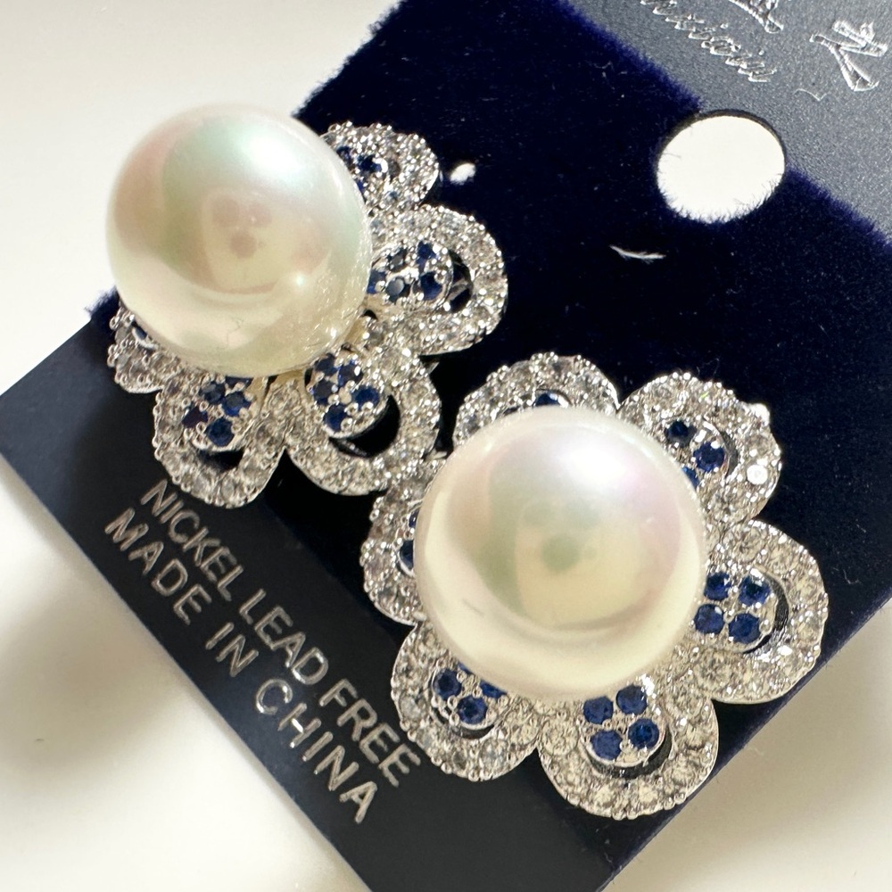 Sapphire and Faux Pearl 10mm Floral Earrings, Gold-Plated, 2CM wide. - Picture 2 of 5